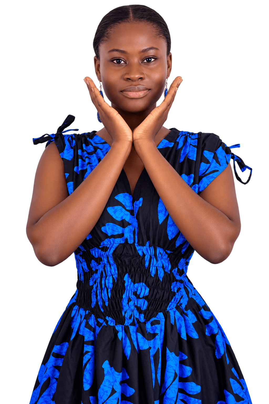 Woman in a blue and black floral print dress